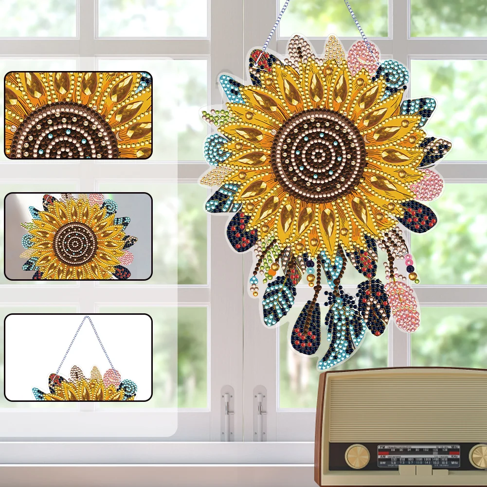 DIY Sunflower Dreamcatcher Acrylic Single-Sided Diamond Painting Hanging Pendant for Home Wall Decor 