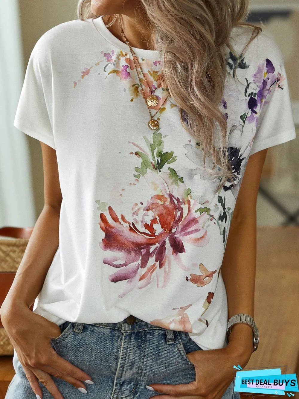 Casual Floral Summer Loose Cap sleeve Crew Neck H-Line Regular Medium Elasticity Tunic T-Shirt for Women