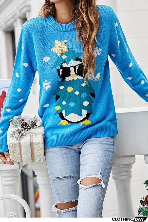 Christmas Print Crew Neck Long Sleeve Sweater