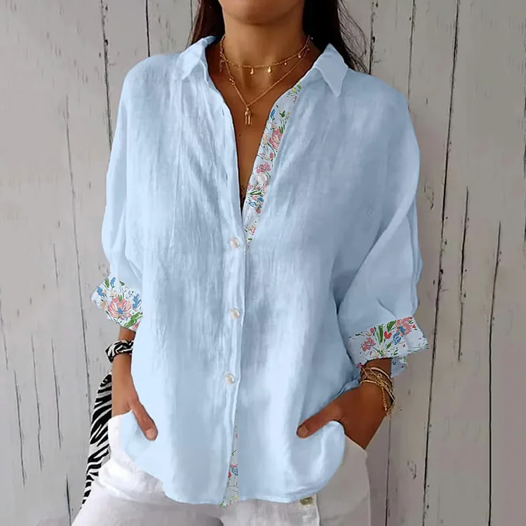Simpfit Lässiges Nachahmung aus Baumwolle und Leinenhemd für Damen mit Vintage-Ölgemälde und Blumenkunstdruck