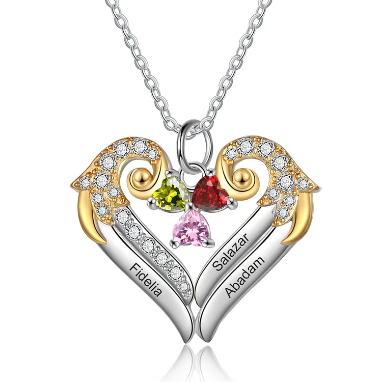 Heart Angel Wings Necklace Personalized 3 Birthstones Necklace for Her