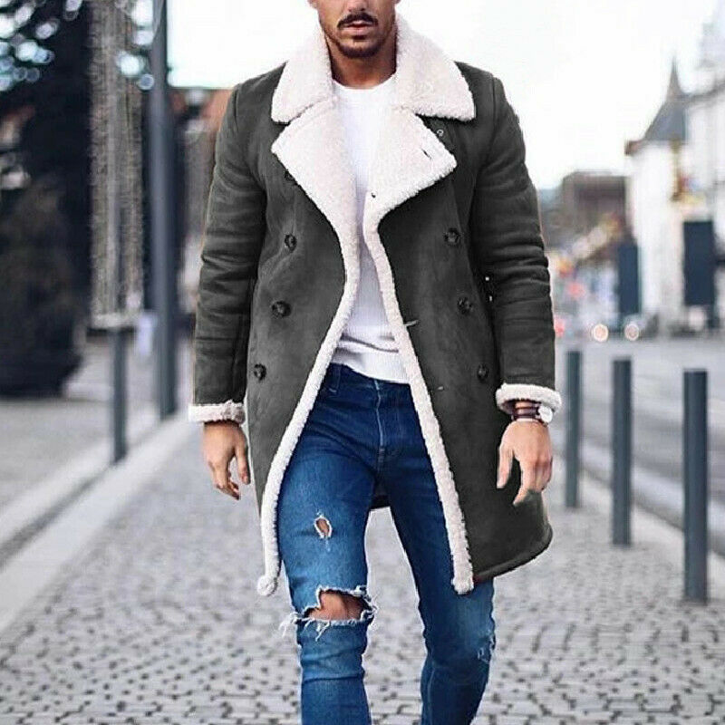 Image 6 - Mens Fleece Fur Lined Lapel Collar Parka Coat Winter Warm Jacket Fashion Outwear