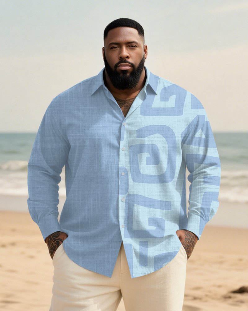 Big & Tall Men's Blue Colorblock Irregular Geometric Print Long Sleeve Bamboo Hemp Texture Shirt
