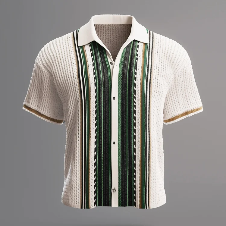 Okaywear Hollow Knit Contrast Striped Turndown Collar Button Shirt Okaywear