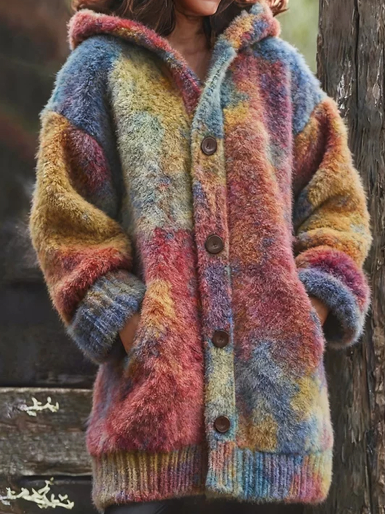 Colorful Fleece Hooded Cardigan Long Sweater elevenforest
