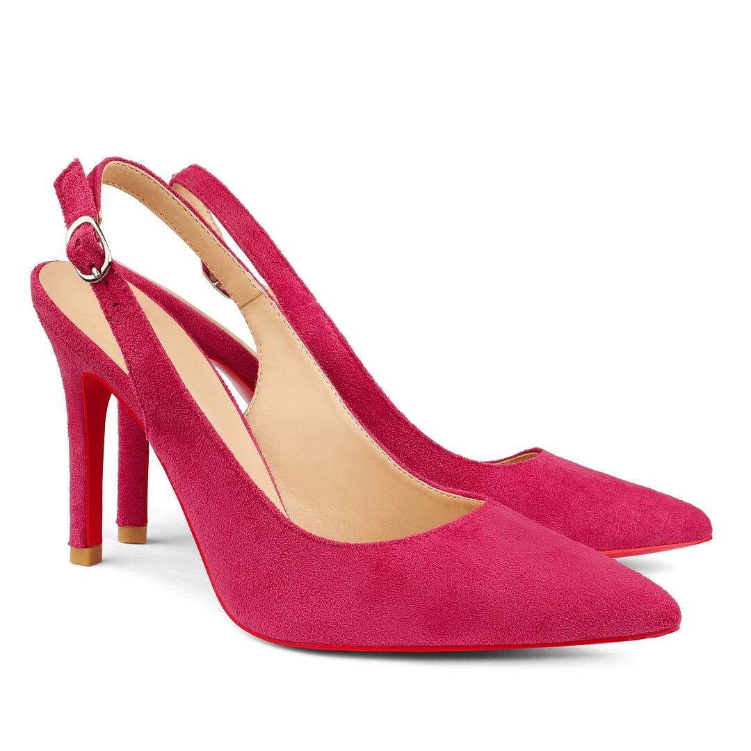 90mm Middle Heels Pointy Toe Red Bottom Slingback Pumps Suede-vocosishoes