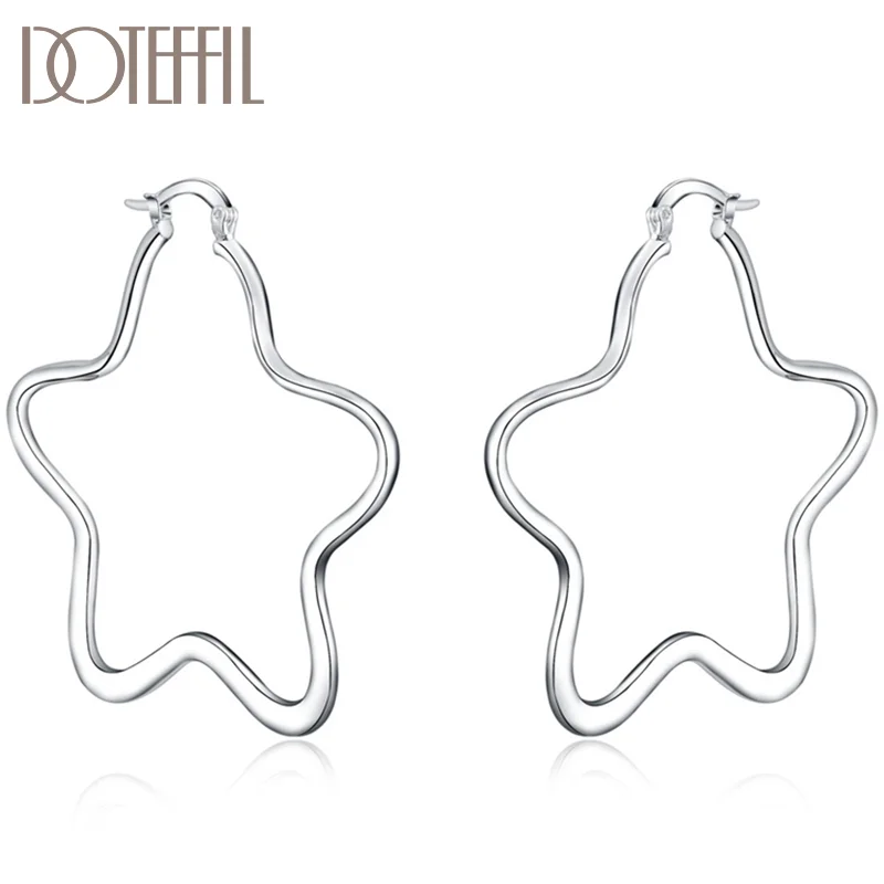 DOTEFFIL 925 Sterling Silver Five-pointed Star 55mm Hoop Earring For Woman Jewelry