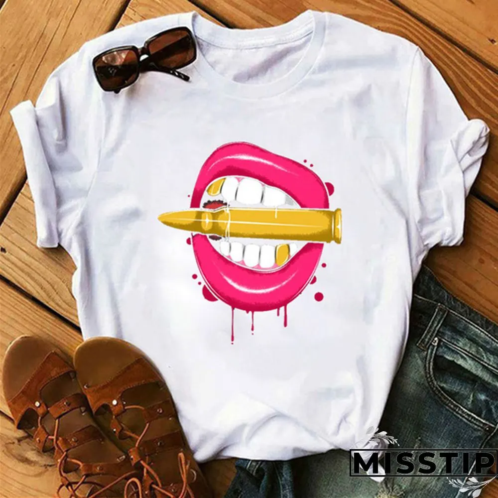 Red Fashion Casual Lips Printed Basic O Neck Tops