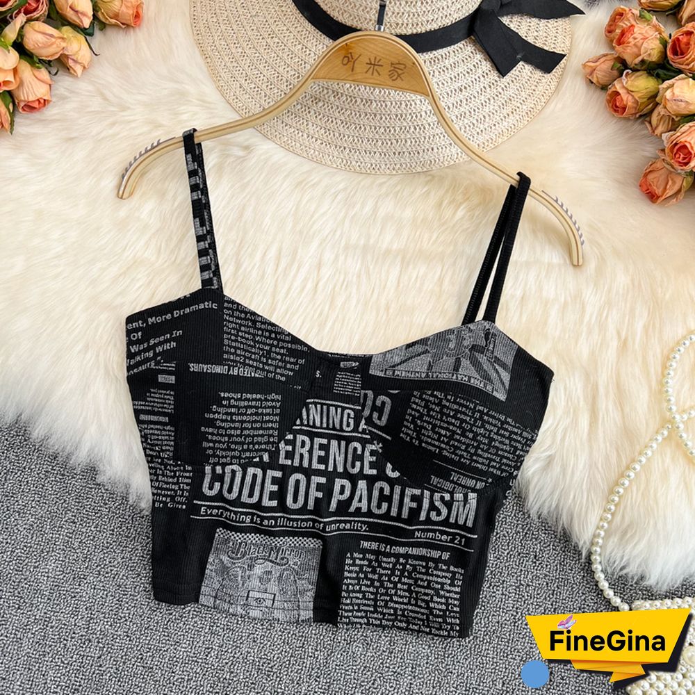 Women Push Up Camisole With Bra Sexy Top Women Suspender Tank Fashion Printed Newspaper Camis Female Soft Sleeveless Top
