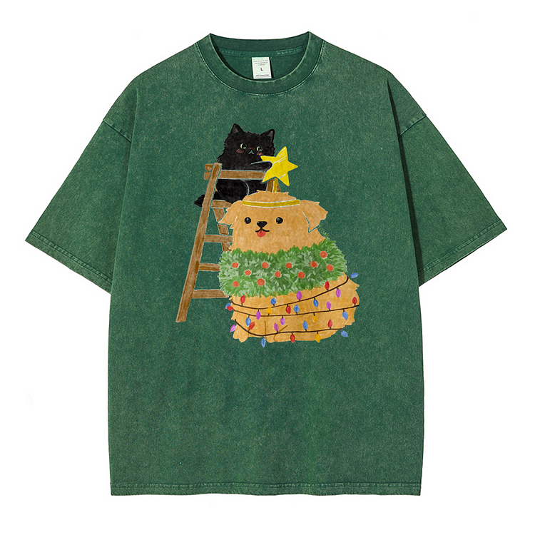 Cat Christmas Men's washed T-shirt