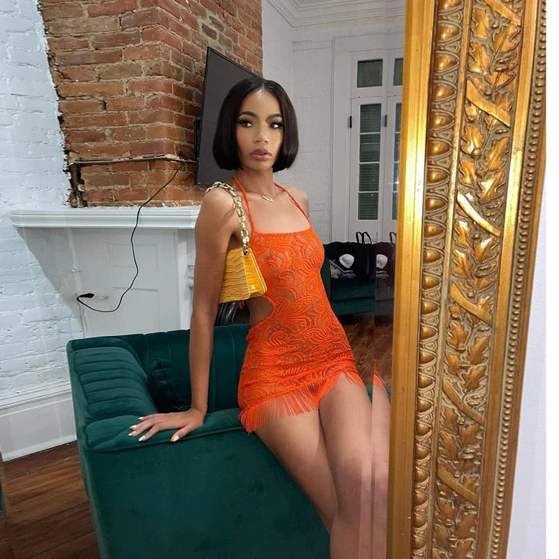 BIIKPIIK Tassel Stitching Sexy Dress For Women Evening Clubbing Party Square Collar Halter Hollow Out Backless Lace Mini Dress