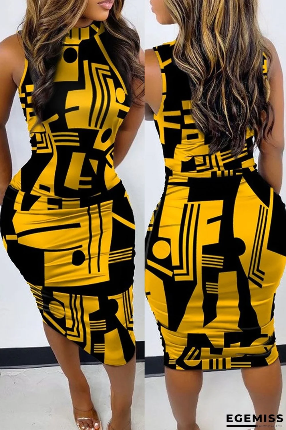 Yellow Fashion Casual Print Basic Half A Turtleneck Sleeveless Dress | EGEMISS