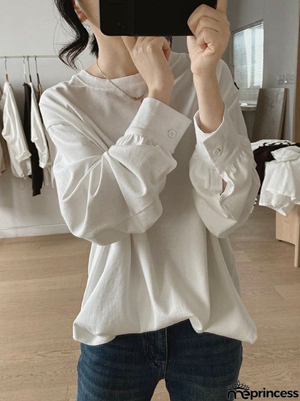 Long Sleeves Loose Solid Color Round-Neck T-Shirts Tops
