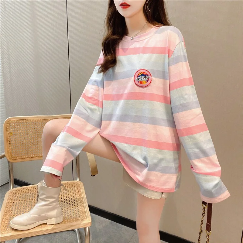 Harajuku oversized T shirt 2021 autumn Women pink t-shirts korean style rainbow stripe Patchwork embroidery Long Sleeve T-Shirt