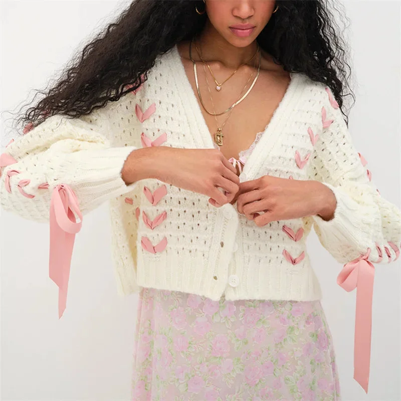 Toloer White Pink Ribbon Lace Up Sweater Cardigan-Outfit Ideas