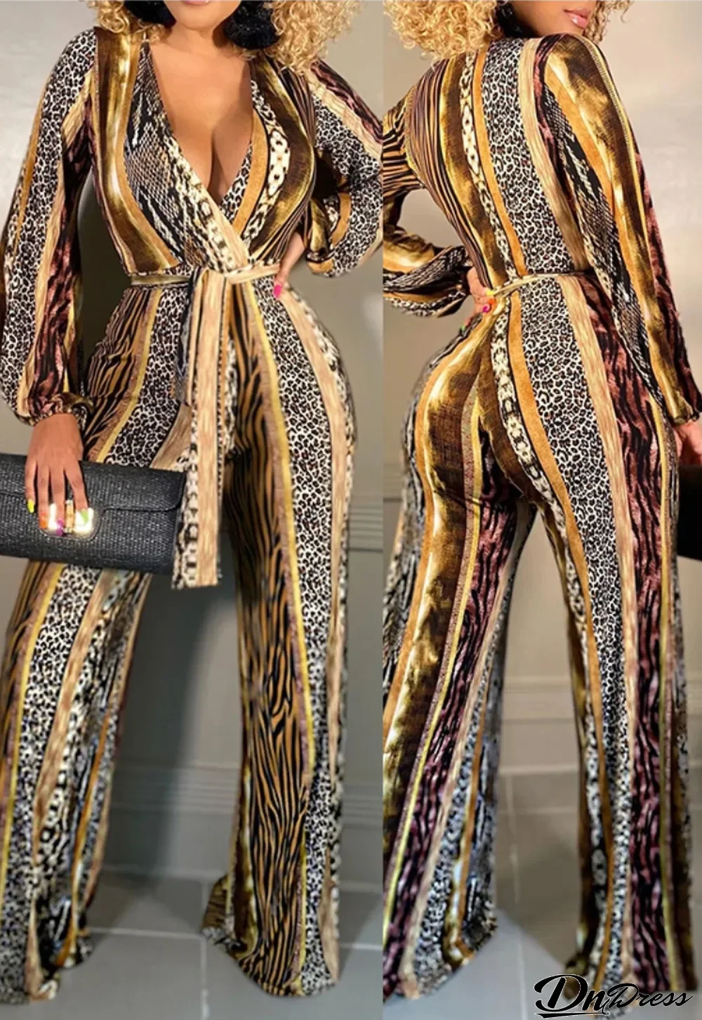 Fall Fashion Print V Neck With Belt Long Sleeve Loose Jumpsuit