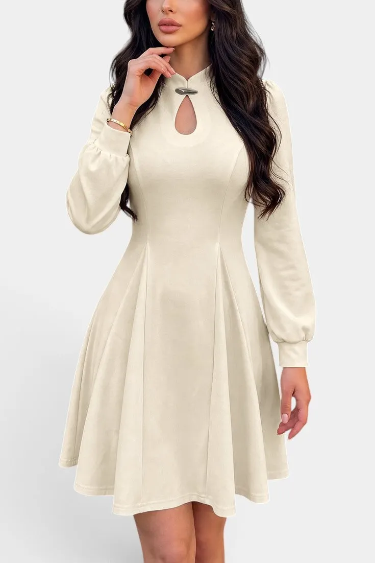 High Neck Keyhole Flared Dress with Long Sleeves