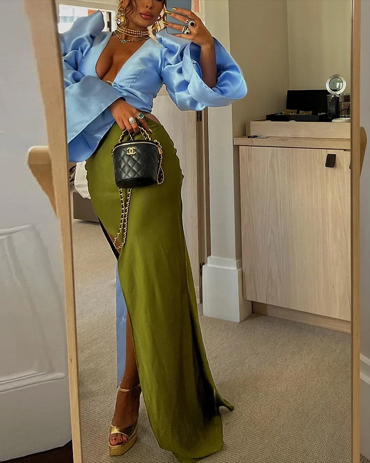 Women's V-neck long-sleeved slit satin Dress