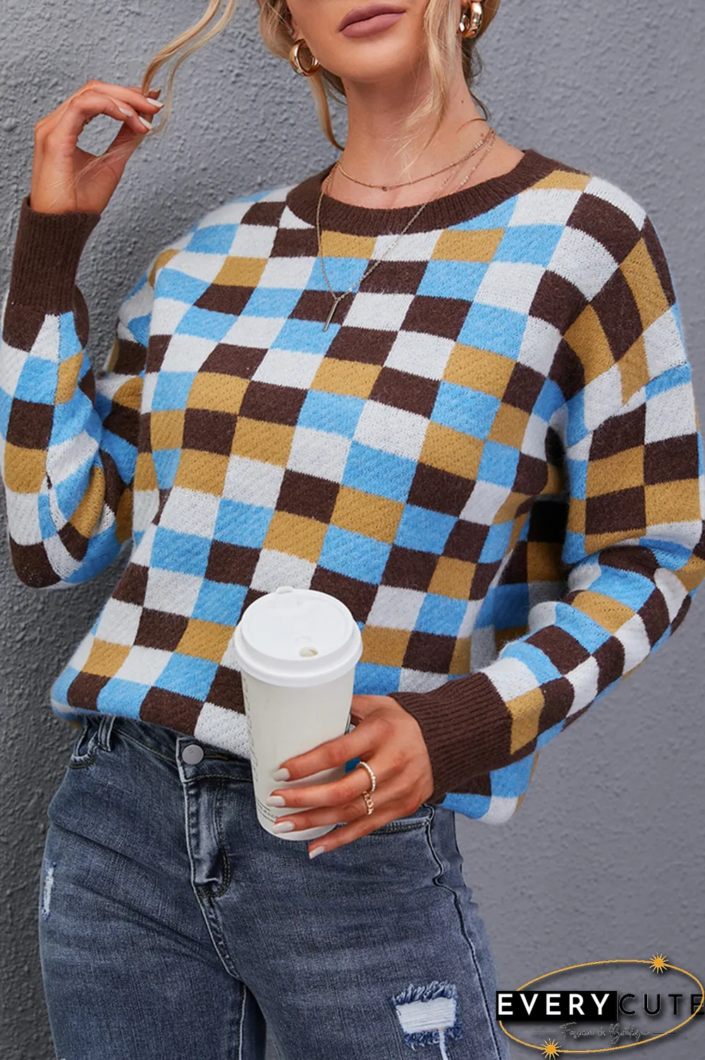 Casual Plaid Split Joint O Neck Tops