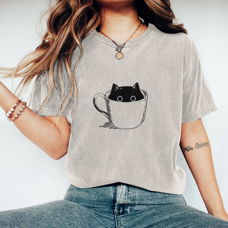Comstylish Abstract Creative Black Cat In Coffee Cup Art Print T-shirt