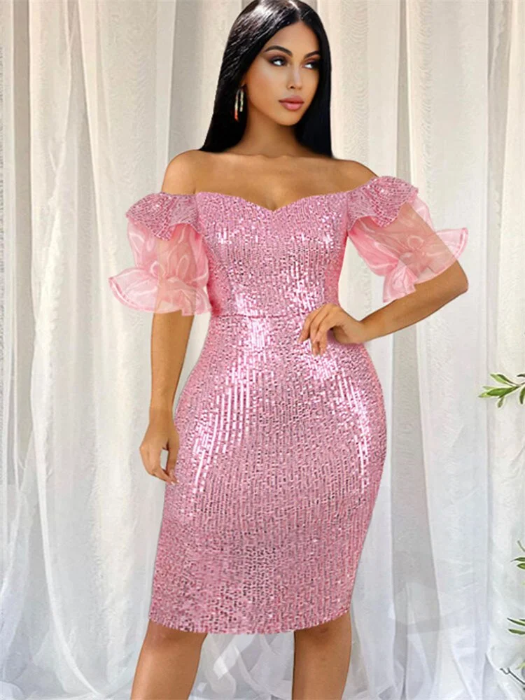 Off The Shoulder Flare Sleeve Sequin Party Prom Slit Dress Luxury Women Slash Neck Evening Gowns Night Club  Bodycon Dresses