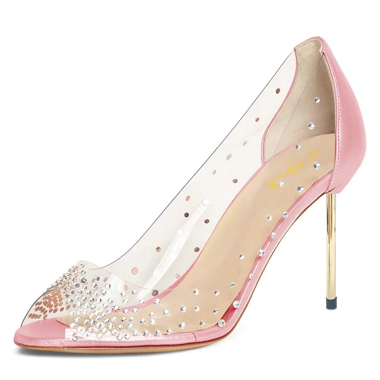Women's Clear Heels Peep Toe Rhinestone Pumps Shoes in Pink |FSJ Shoes
