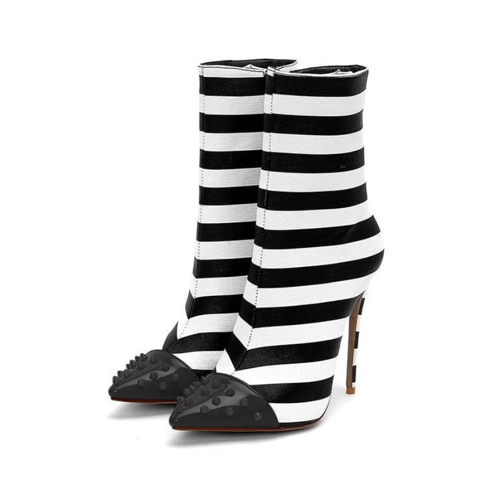 Black White Striped Suede Boots With Zipper Rivet Pointed Stiletto Heels Nicepairs