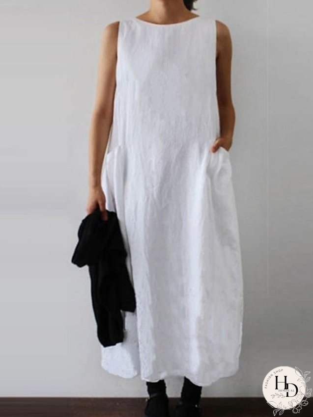 Cotton Linen Dress Maxi long Dress Cotton Blend Casual Comfort Home Daily Crew Neck Pocket Sleeveless Summer Spring Loose Fit White Yellow Fuchsia Pure Color S M L XL 2XL for Women