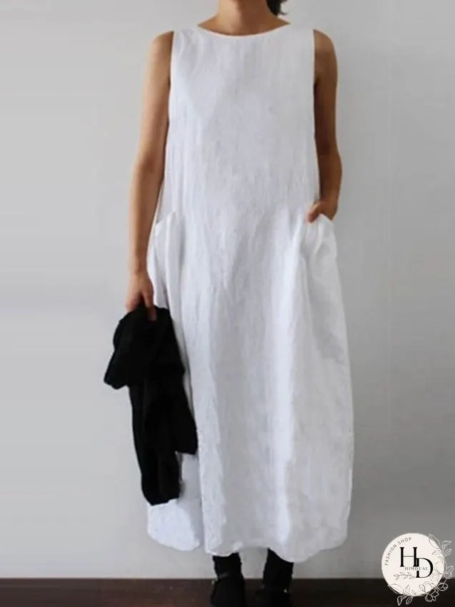 Cotton Linen Dress Maxi long Dress Cotton Blend Casual Comfort Home Daily Crew Neck Pocket Sleeveless Summer Spring Loose Fit White Yellow Fuchsia Pure Color S M L XL 2XL for Women