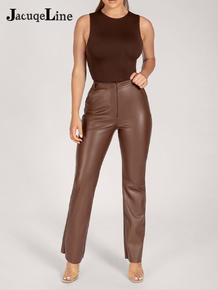 Jacuqeline 2021 PU Leather Women Pants High Waist Pants Vintage Brwon Elegant Lady Clothing Straight Long Trousers Autumn Winter