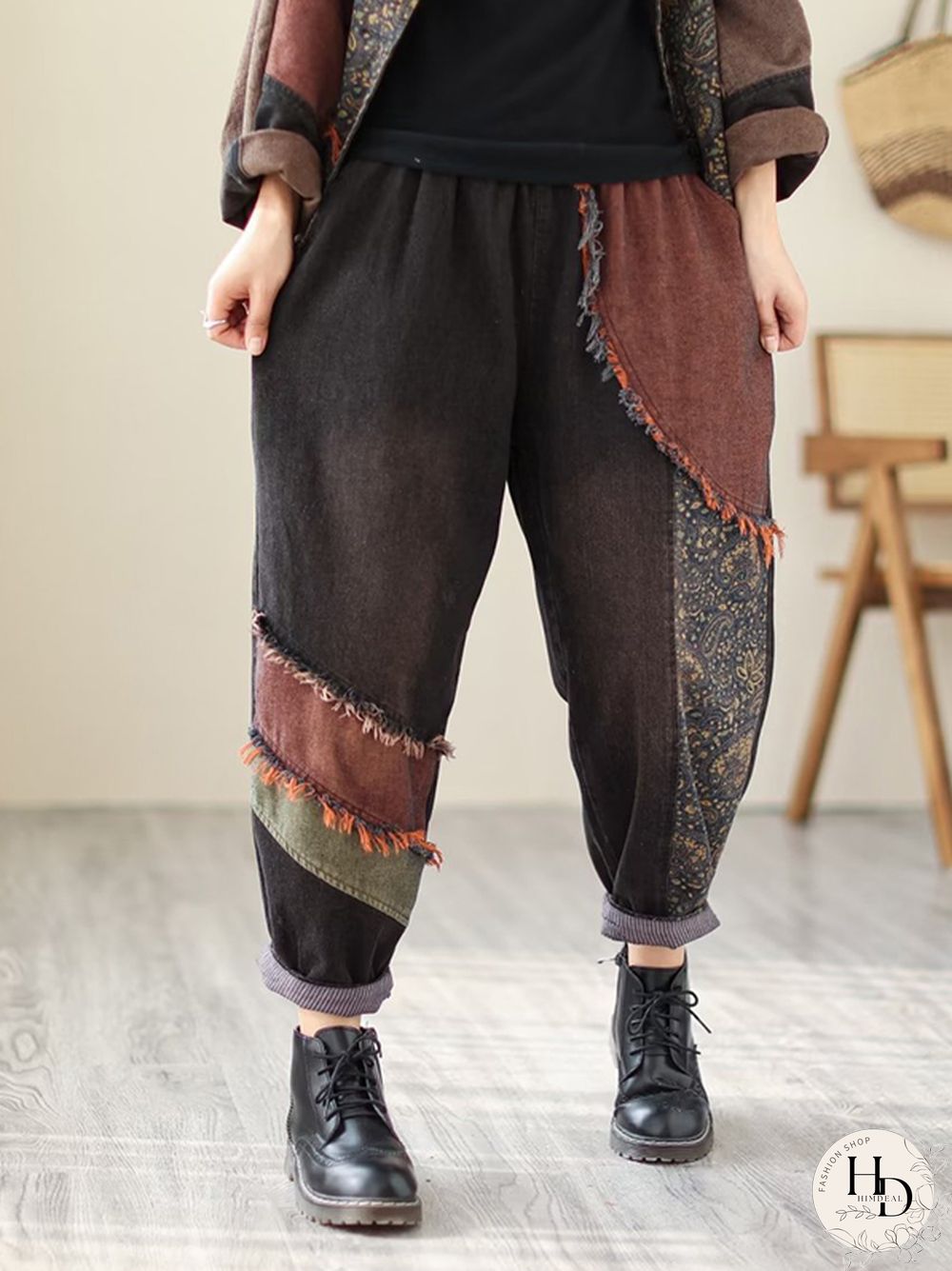 Contrast Color Fringed Split-Joint Long Sleeves Printed Outwear Harem Pants Two Pieces Set
