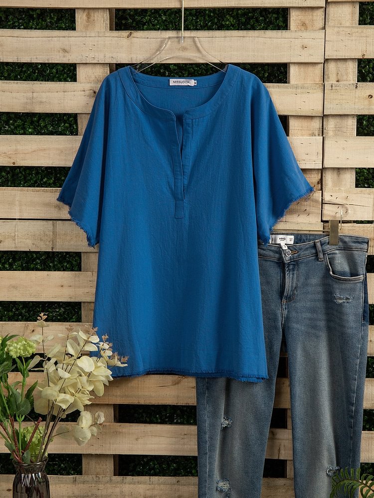 Bestdealfriday Blue Linen Short Sleeve Shirts Tops 9630875