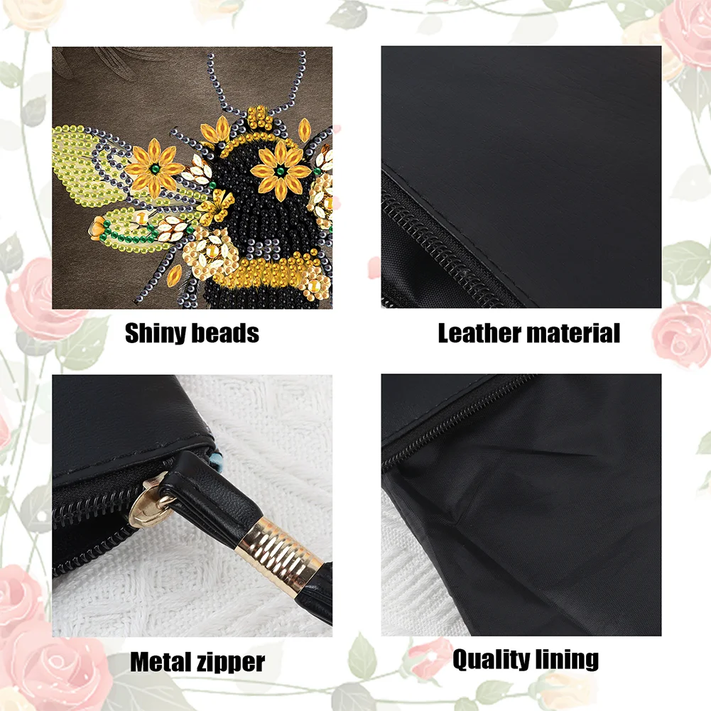 DIY Bee PU Partial Special Shaped Diamond Painting Wallet Makeup Bag