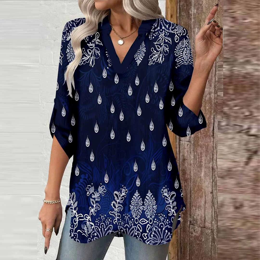 Women Retro,Floral,Blue,Polka Dots DZGA0786 3/4 Sleeve V-neck Printed Graphic Button Tops
