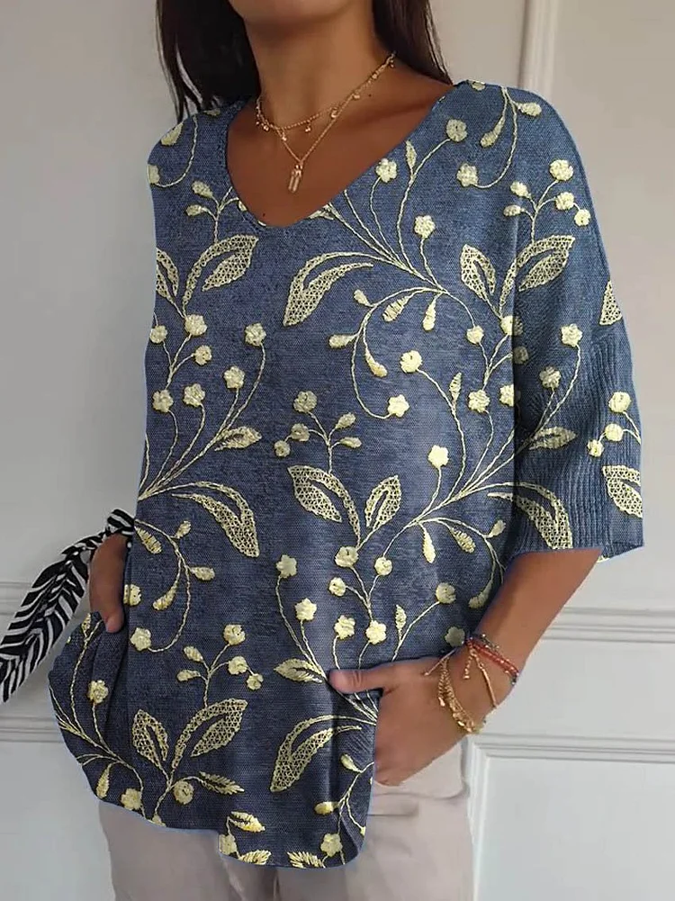 Women's Vintage Lovely Floral Art Print Casual Pullover Knit