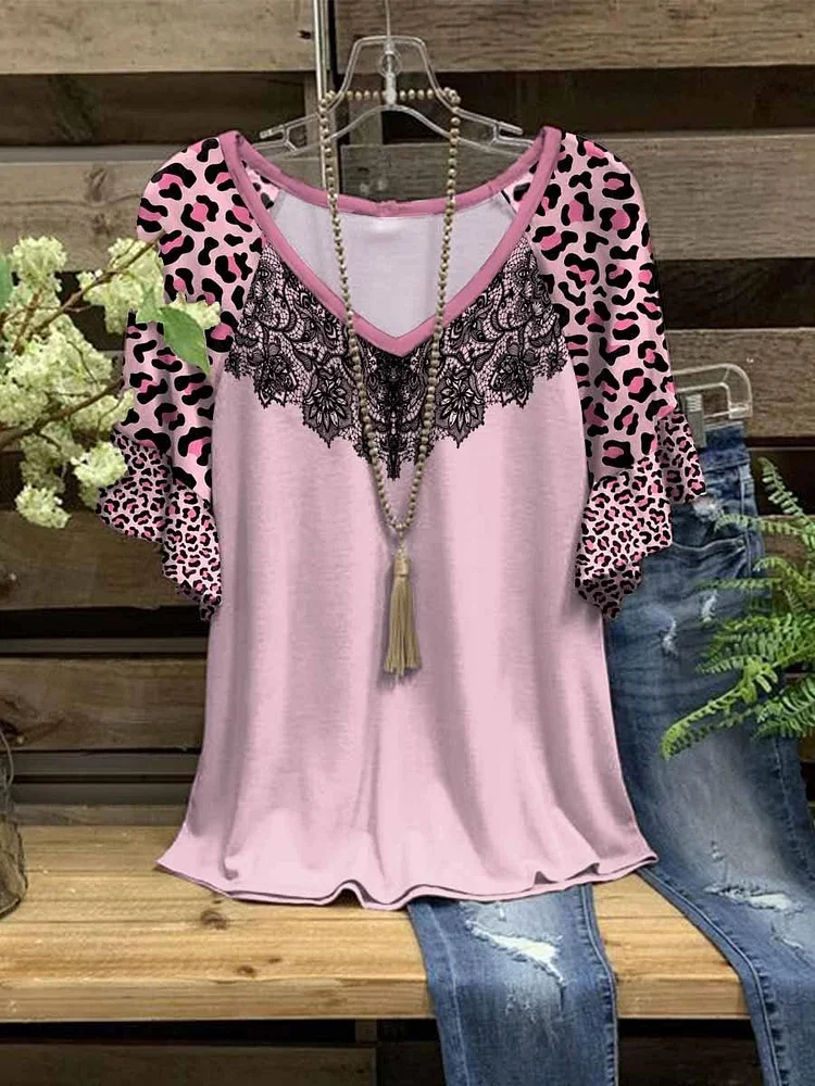 Women's Fashion Pink Ruffle Sleeve Leopard Short Sleeve T-Shirt