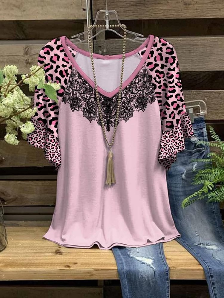 Women's Fashion Pink Ruffle Sleeve Leopard Short Sleeve T-Shirt