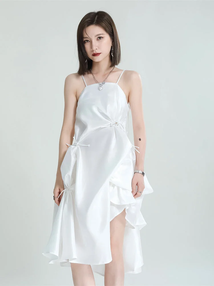 Design White Asymmetrical Folds And Hem Spaghetti Straps Dress 