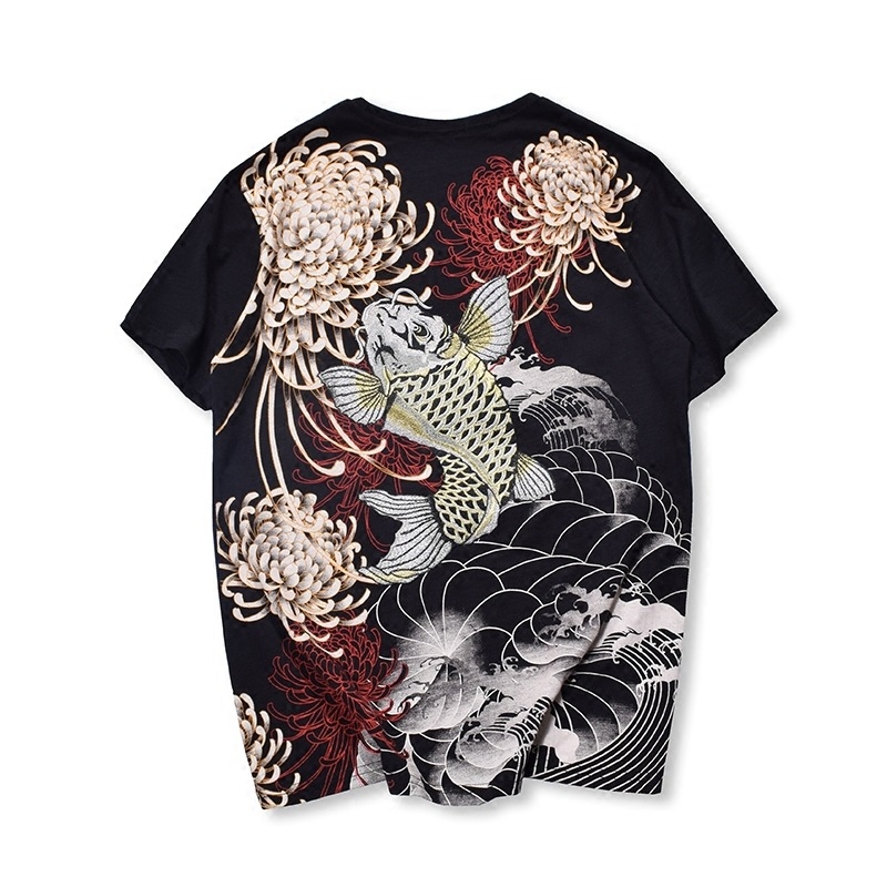 Embroidered Koi Chrysanthemum Ukiyo-e T-shirt