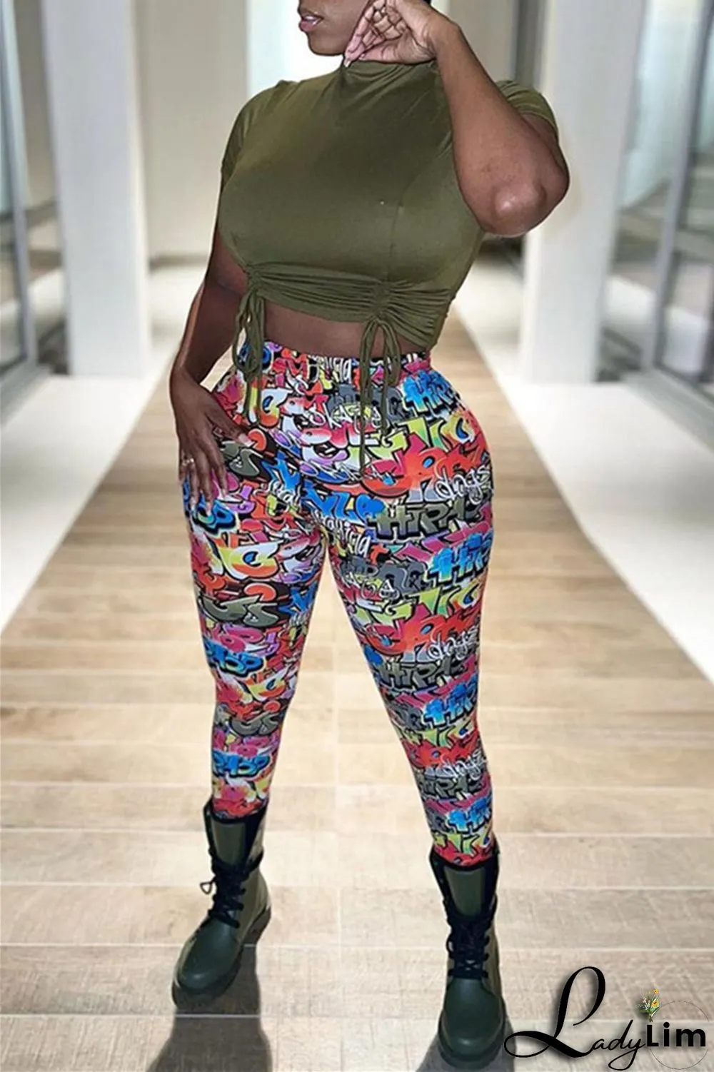 Yellow Fashion Casual Print Basic Skinny High Waist Pencil Trousers
