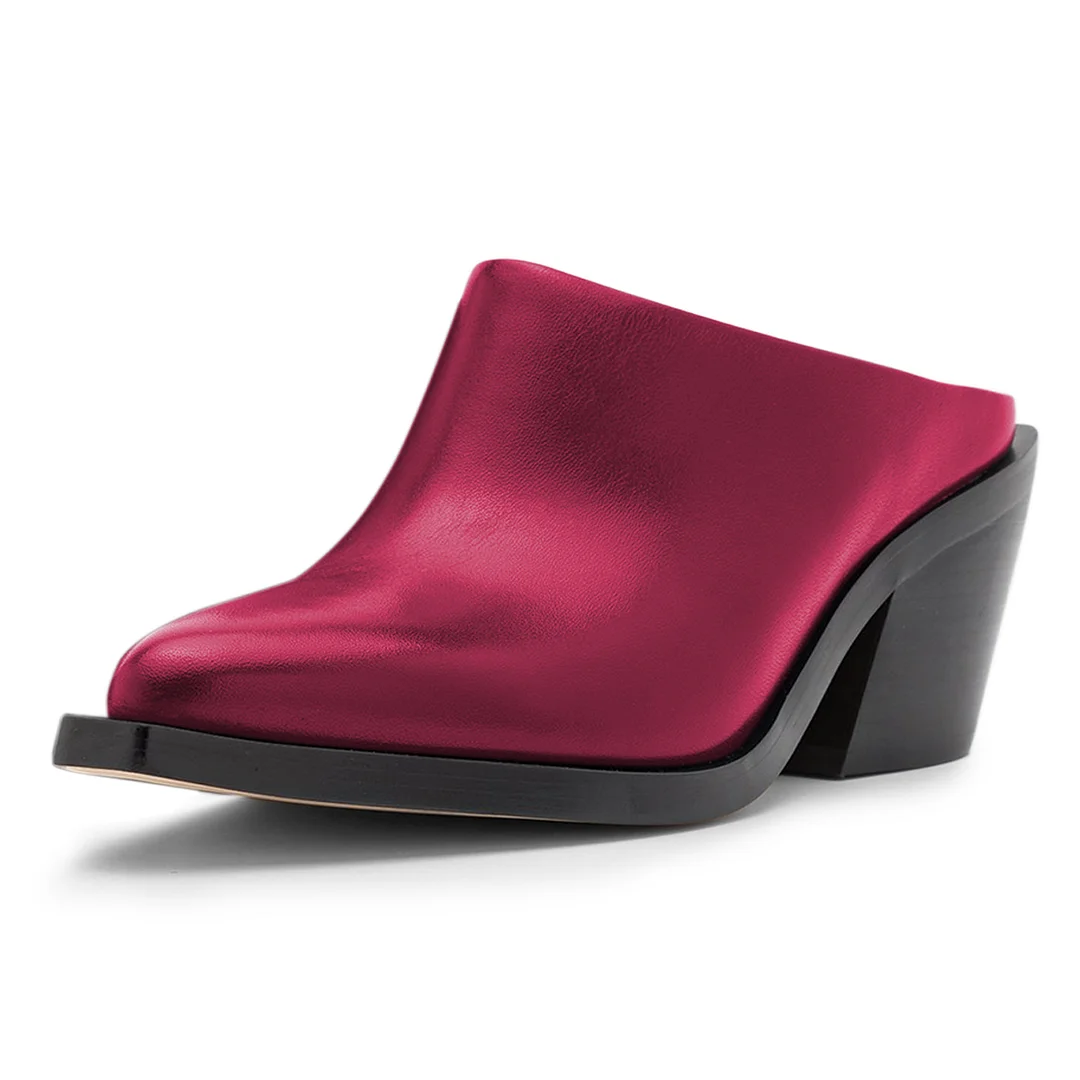 Classic Vegan Leather Snip Toe Chunky Heel Mules Shoes in Fuchsia