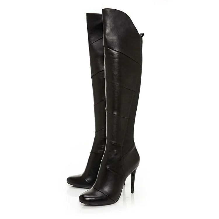 Black Elastic Band Patchwork Round Toe Stiletto Knee High Boots |FSJ Shoes