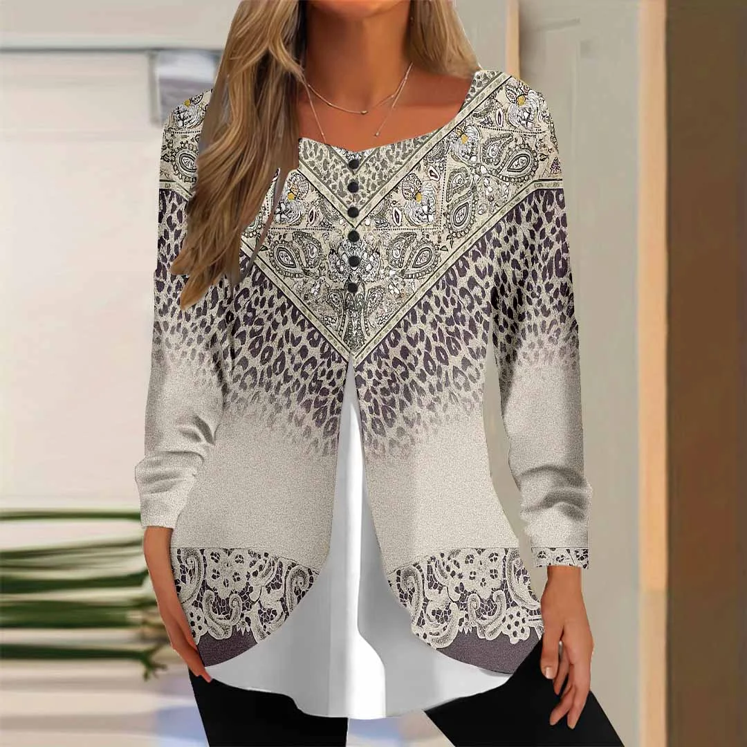Women Graphic,Khaki DZGG8328 Long Sleeve Scoop Neck Printed Graphic Button Fake 2in1 Tops