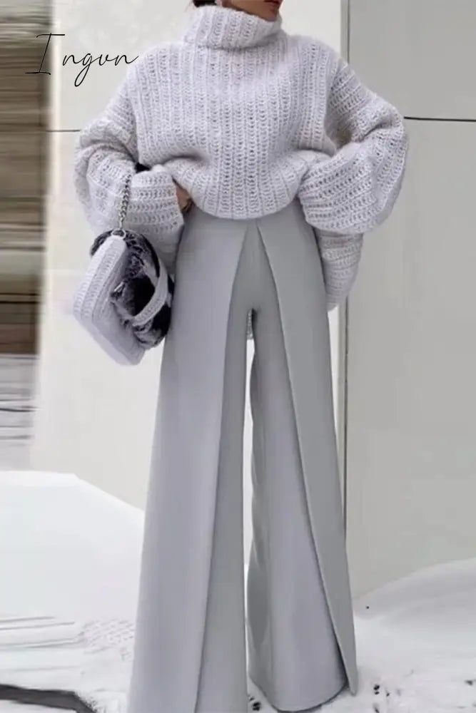 Ingvn - Elegant Solid Fold Turtleneck Long Sleeve Two Pieces Grey / S Pieces/Two-Piece Pants Set