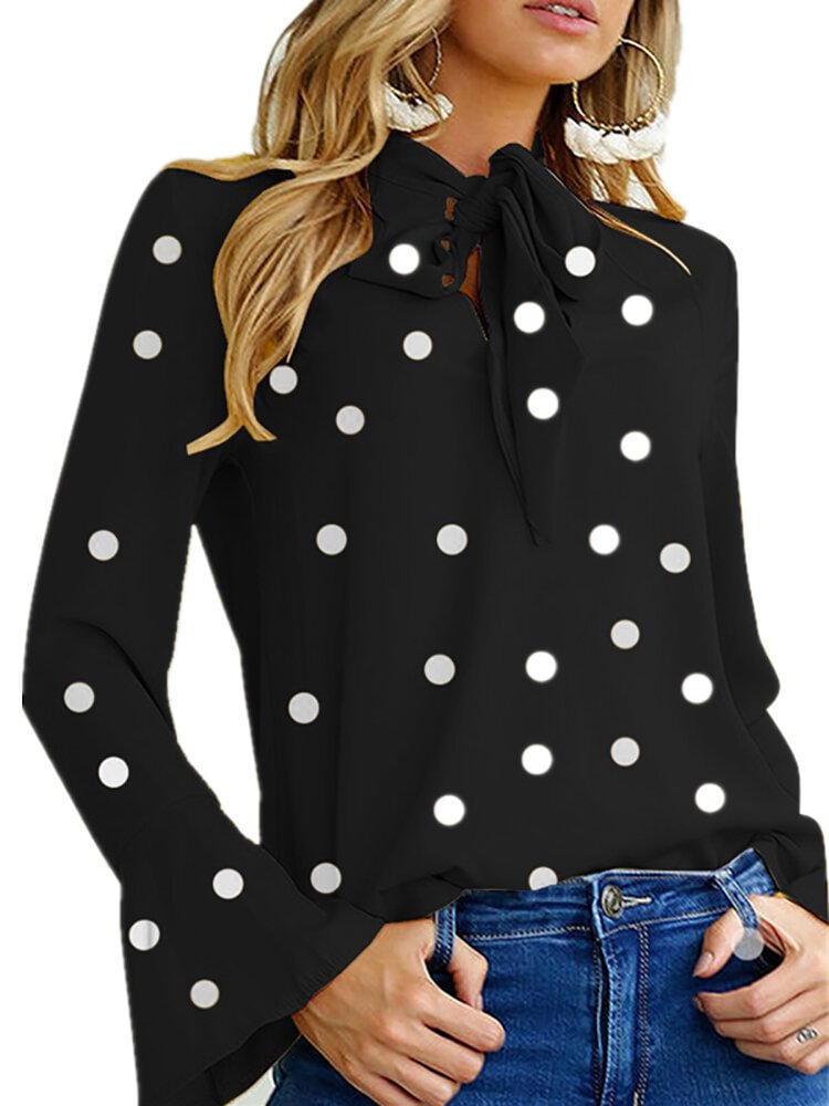Women Polka Dot Bell Sleeve Lace Up Blouse P1546644