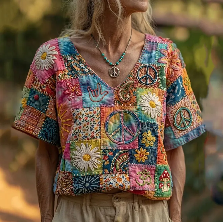 Vintage Hippie Peace Daisy Gradient Floral Patchwork Print Linen T-shirt