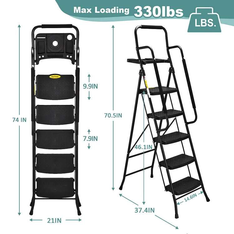 5 STEP LADDER WITH HANDRAILS, FOLDING STEP STOOL WITH TOOL PLATFORM