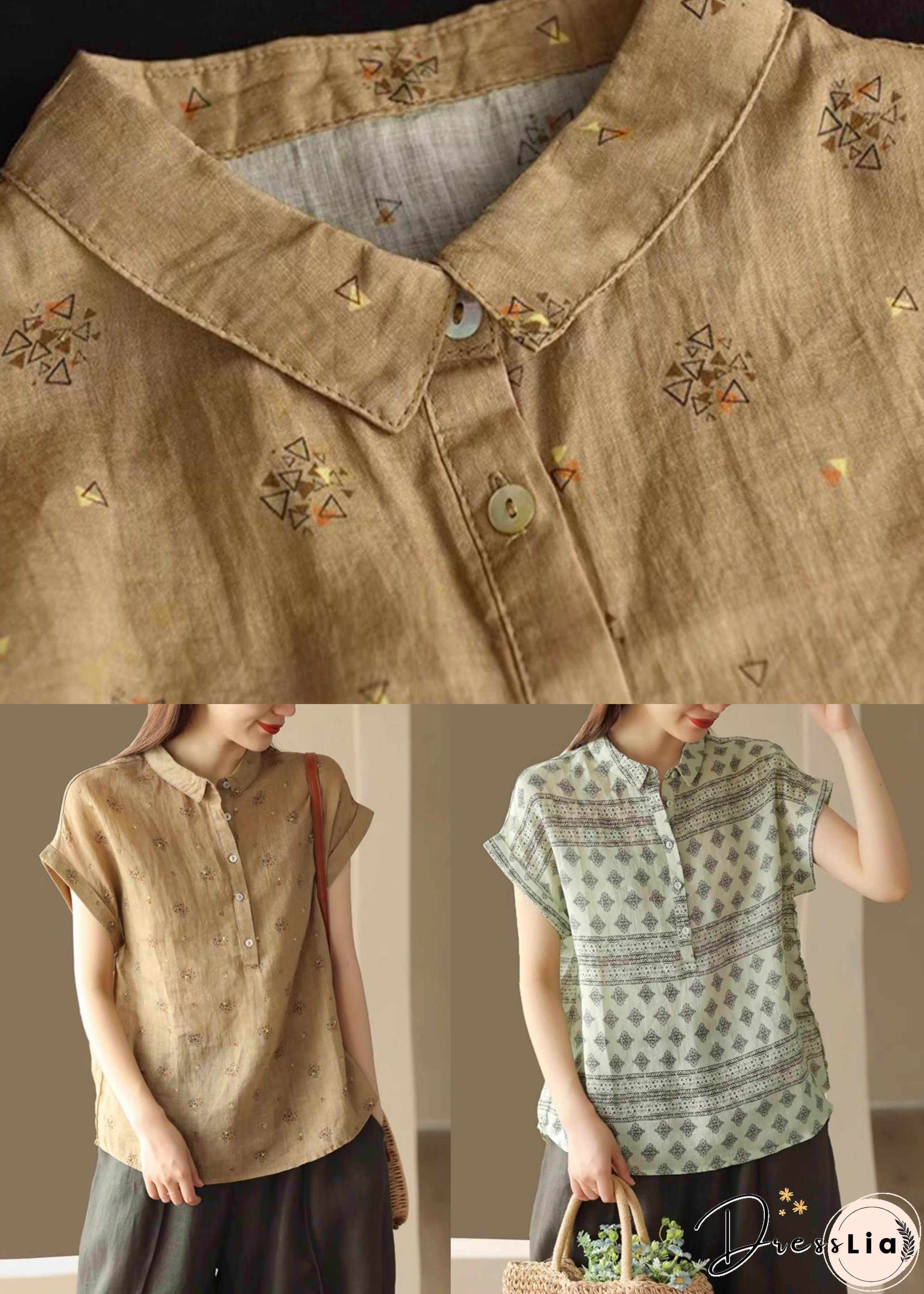 Italian Green Peter Pan Collar Print Patchwork Linen Shirt Summer