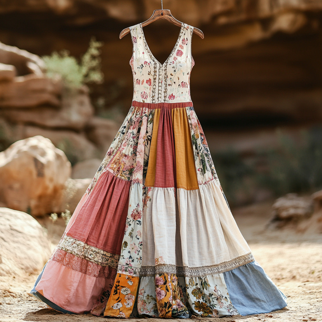 Women's Vintage Bohemian Applique Art Cotton And Linen Dress