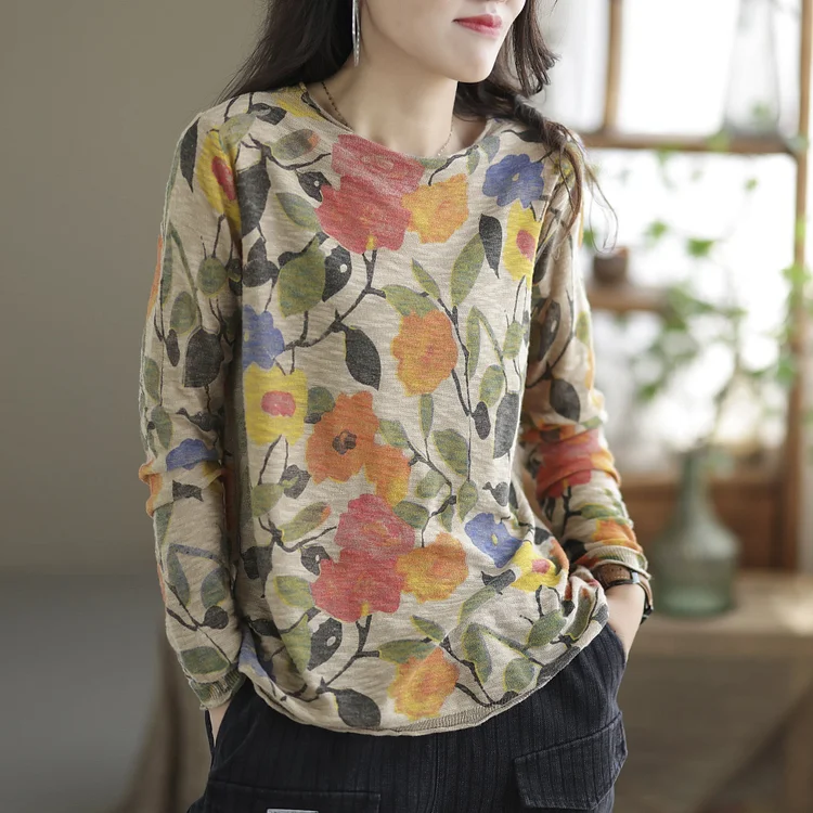 Autumn Retro Print Cotton Knitted Loose Sweater